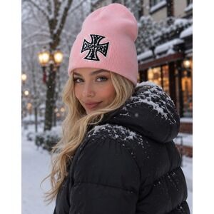 West Coast Choppers Beanie One Size Pink Iron Cross Logo USA Streetwear 1251